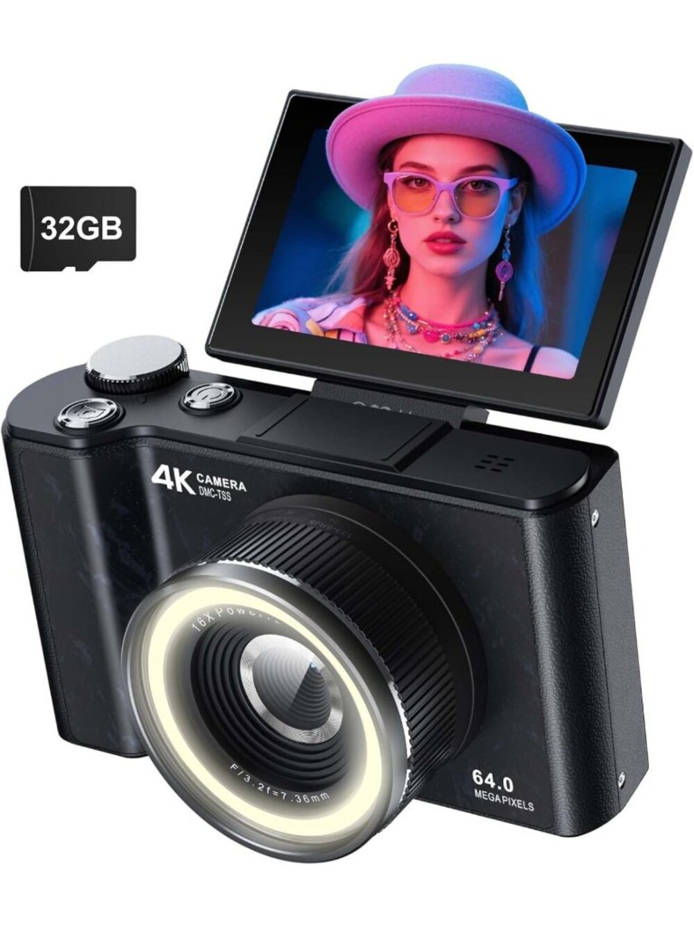 4K Digital Camera with 180° Flip Screen, 64MP Vlogging & Photography, 16X Zoom